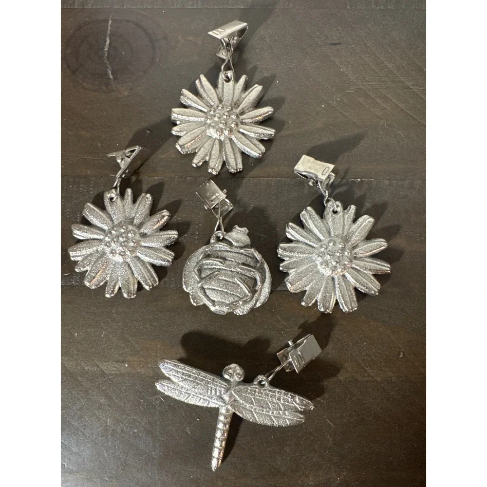 Vintage Silver Cast Metal Garden Tablecloth Weights Daisy Ladybug Dragonfly 5pc